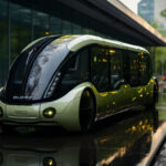 an electric vehicle with futuristic design down a street, in the style of light green and dark black, floating structures, human connections, intel core, rounded forms, fujifilm velvia, streamlined forms, --ar 3:2 --stylize 750 --v 5.2